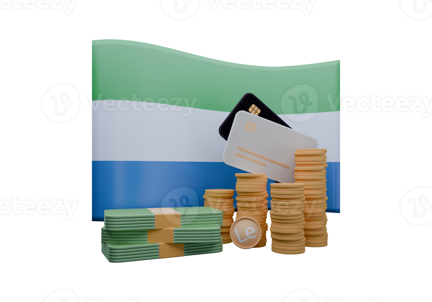 Flashy 3D render illustration of Sierra Leone flag and currency called Leone png