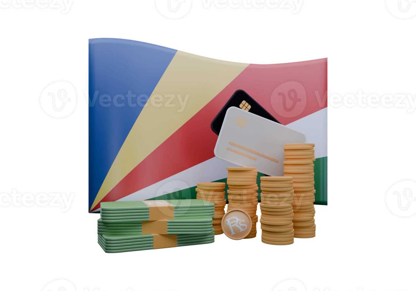 Iridescent 3D render illustration of Seychelles flag and currency called Rupee png
