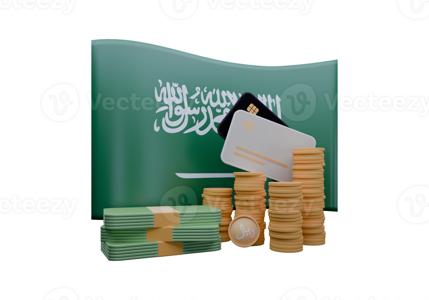 Perfect 3D render illustration of Saudi Arabia flag and currency called Rial png