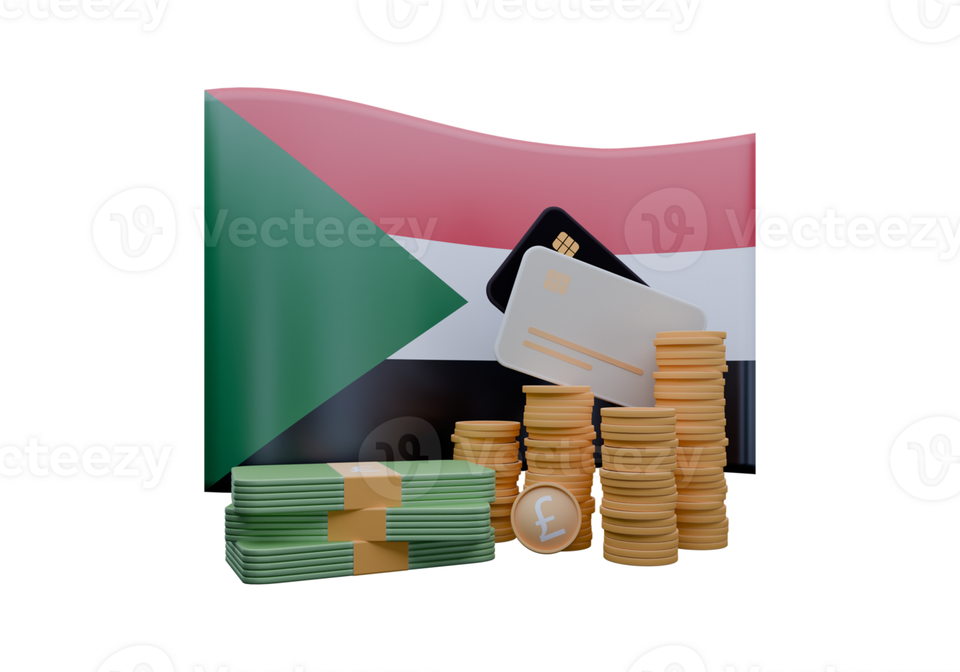 Affluent 3D render illustration of Sudan flag and currency called Pound png