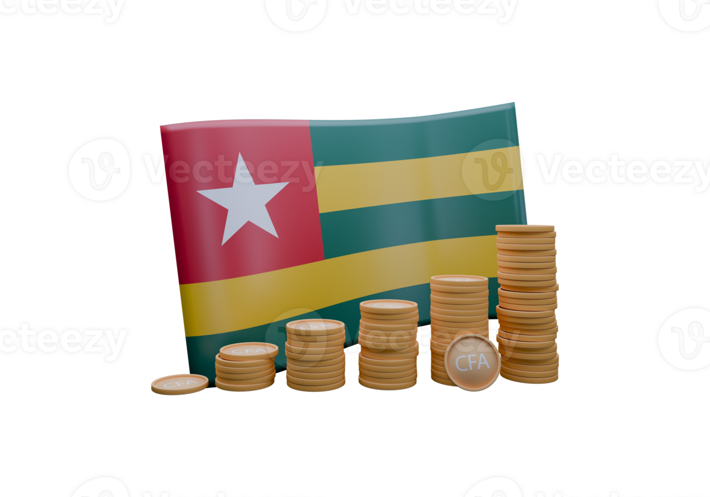 Bright 3D render illustration of Togo flag and currency called CFA Franc png