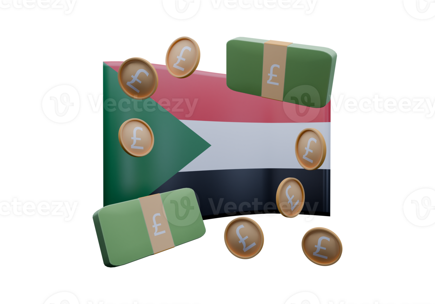 Breathtaking 3D render illustration of Sudan flag and currency called Pound png