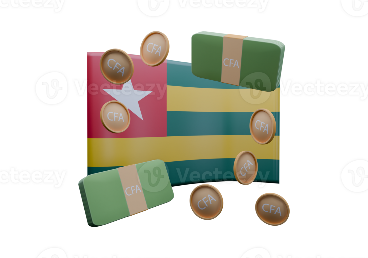 Astonishing 3D render illustration of Togo flag and currency called CFA Franc png