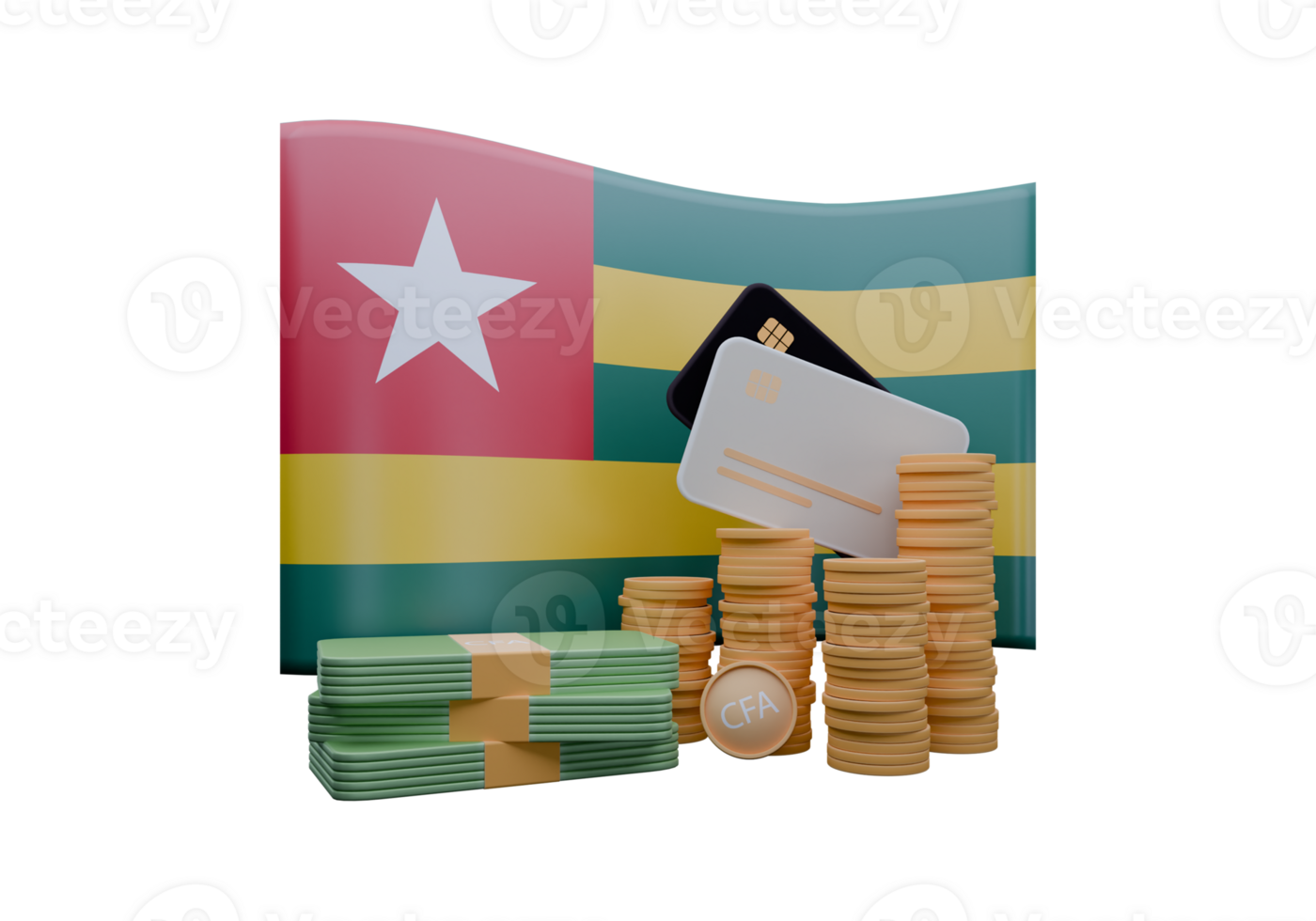 Sparkling 3D render illustration of Togo flag and currency called CFA Franc png
