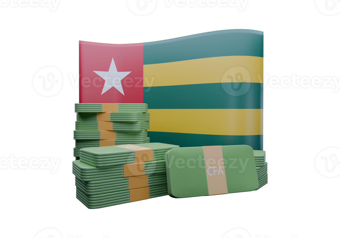 Sophisticated 3D render illustration of Togo flag and currency called CFA Franc png