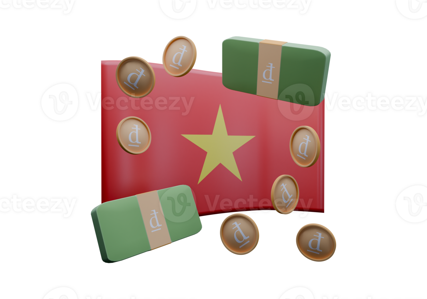 Polished 3D render illustration of Viet Nam flag and currency called Dong png