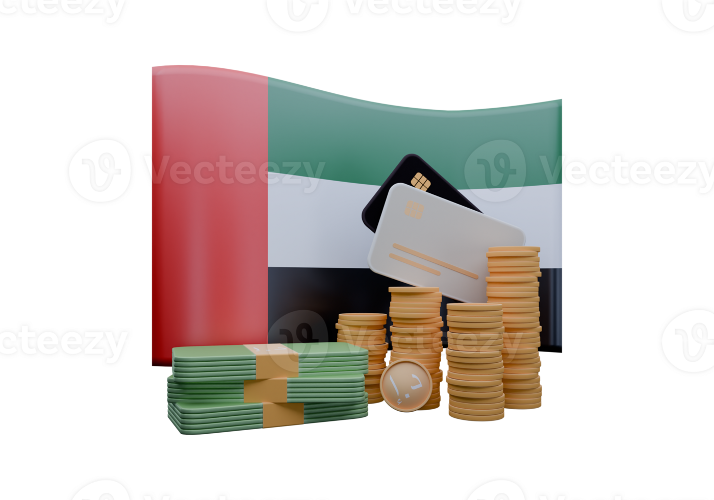 Intriguing 3D render illustration of United Arab Emirates flag and currency called Dirham png