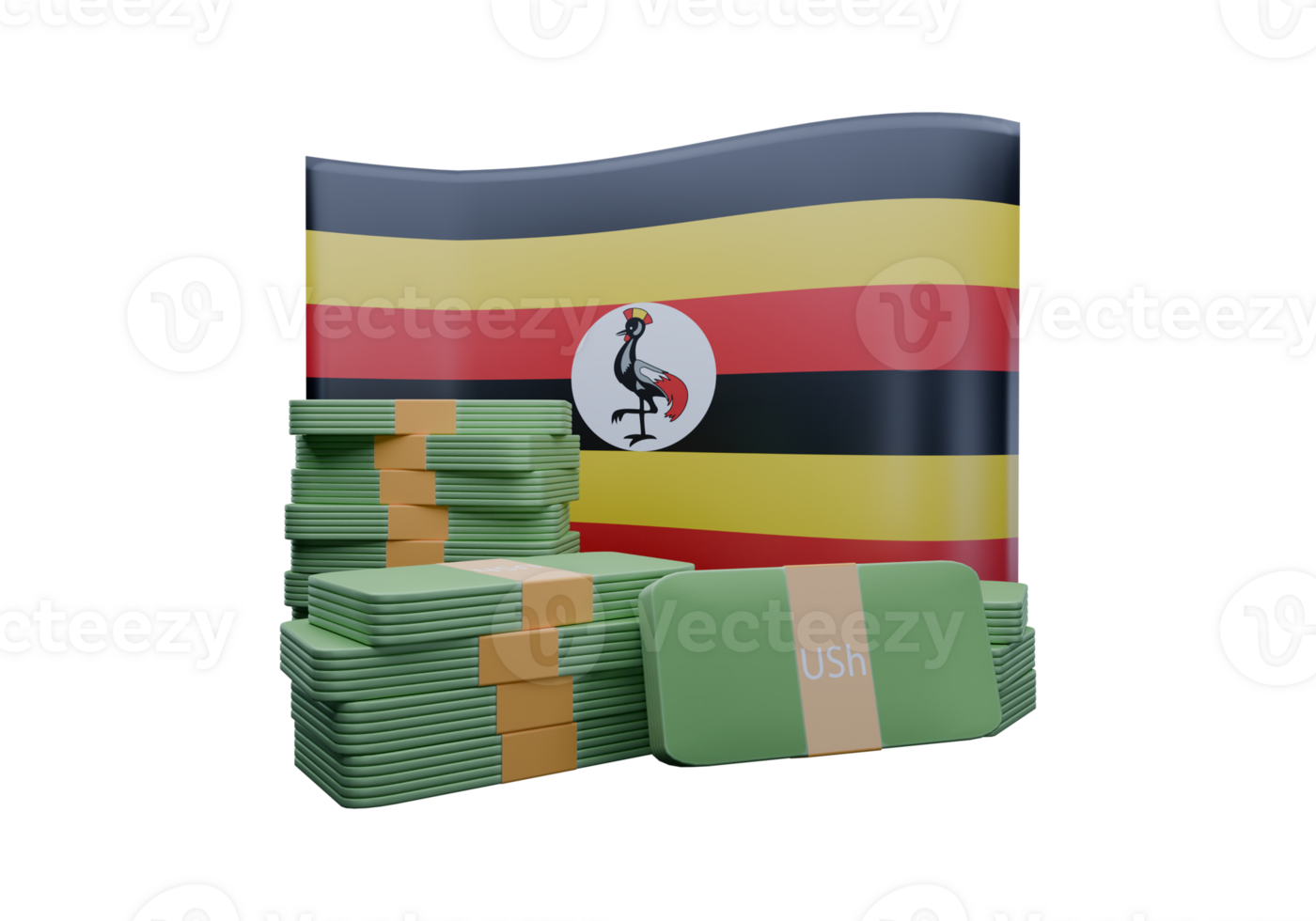 Exquisite 3D render illustration of Uganda flag and currency called Shilling png