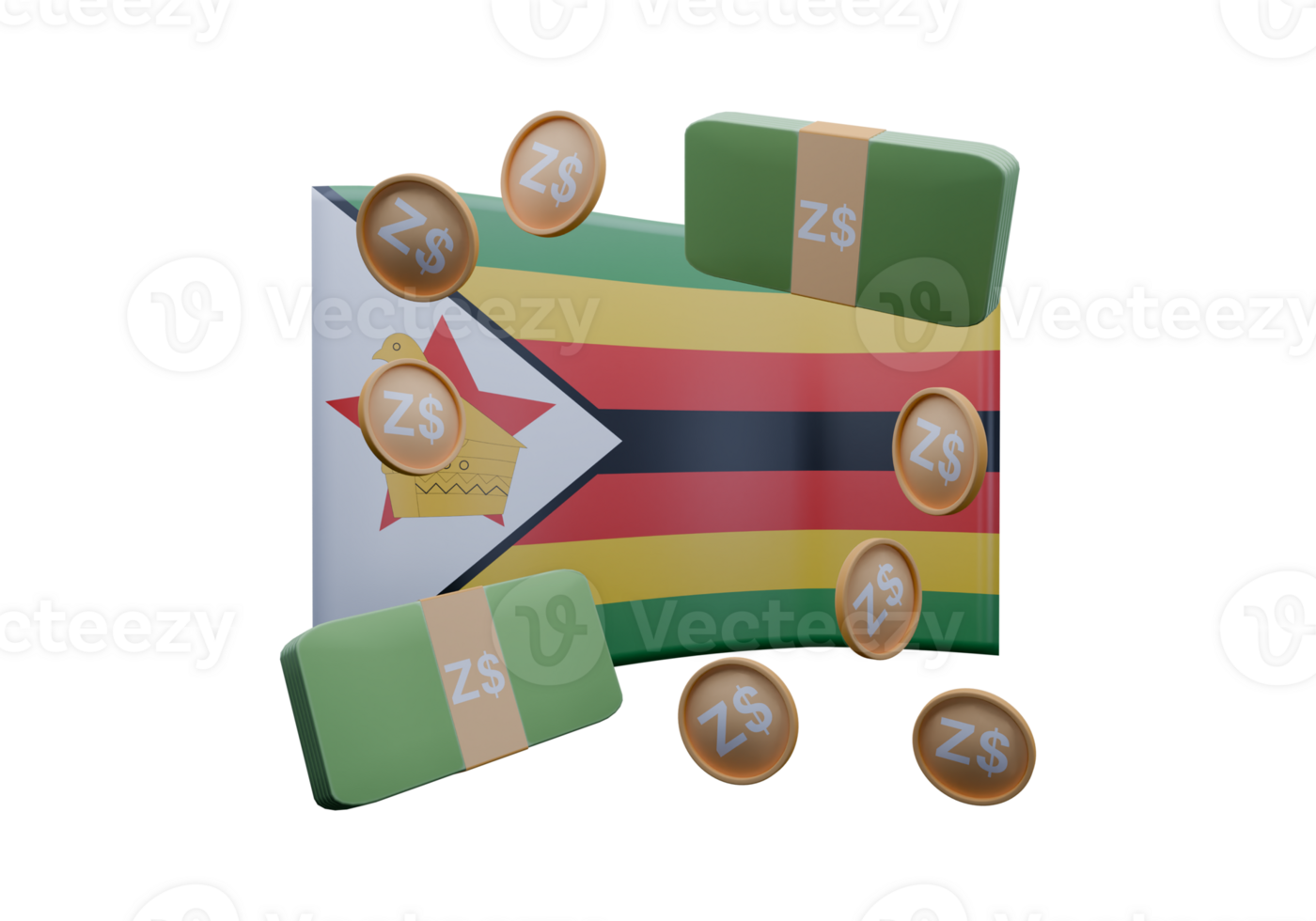 Sublime 3D render illustration of Zimbabwe flag and currency called Dollar png