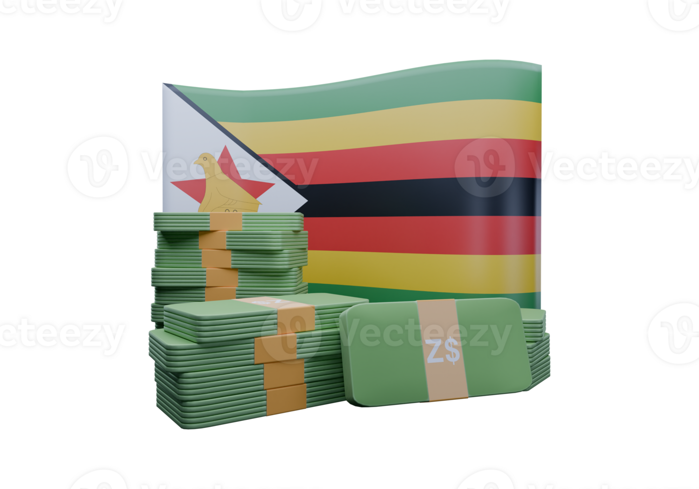 Alluring 3D render illustration of Zimbabwe flag and currency called Dollar png