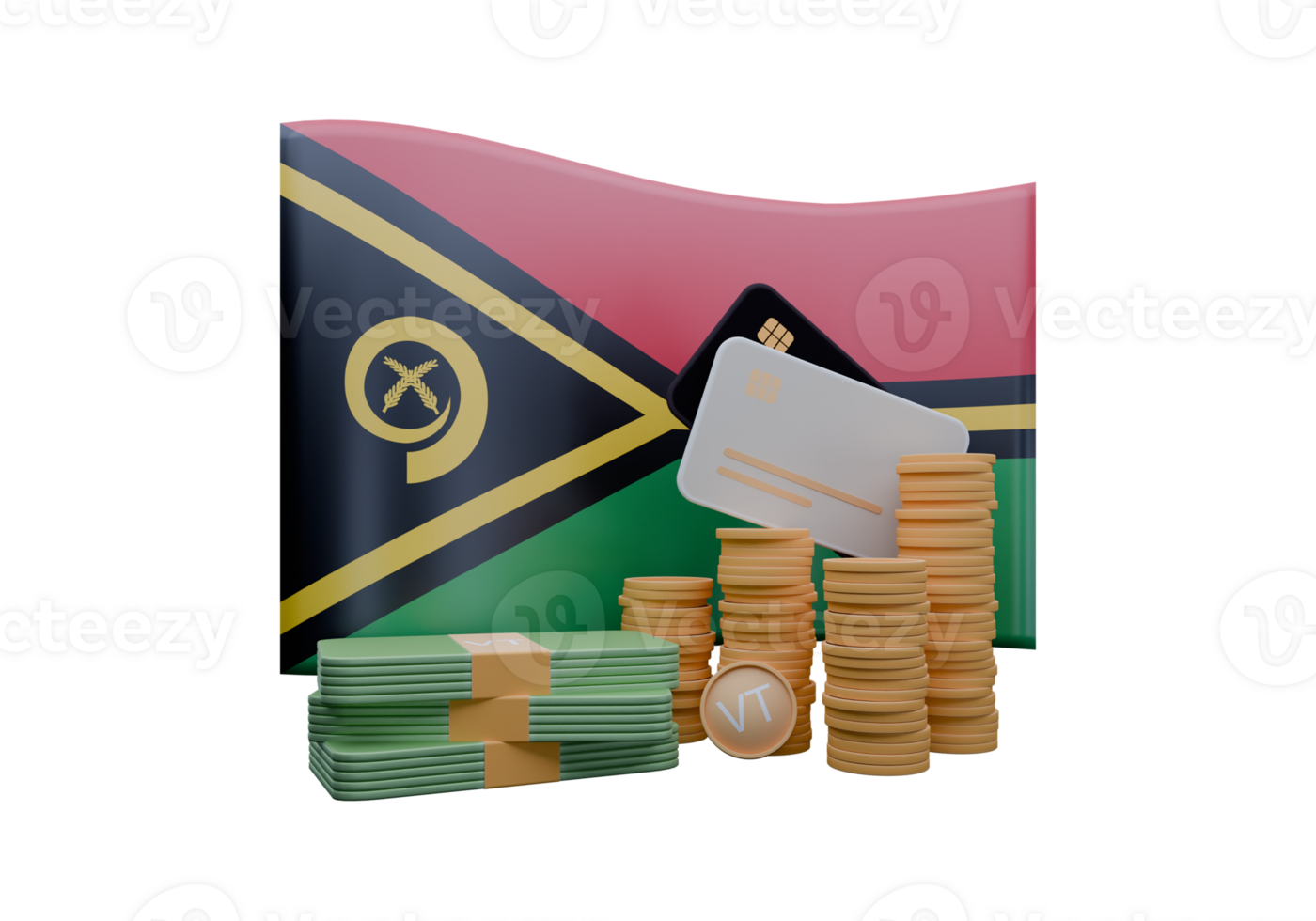 Striking 3D render illustration of Vanuatu flag and currency called Vatu png