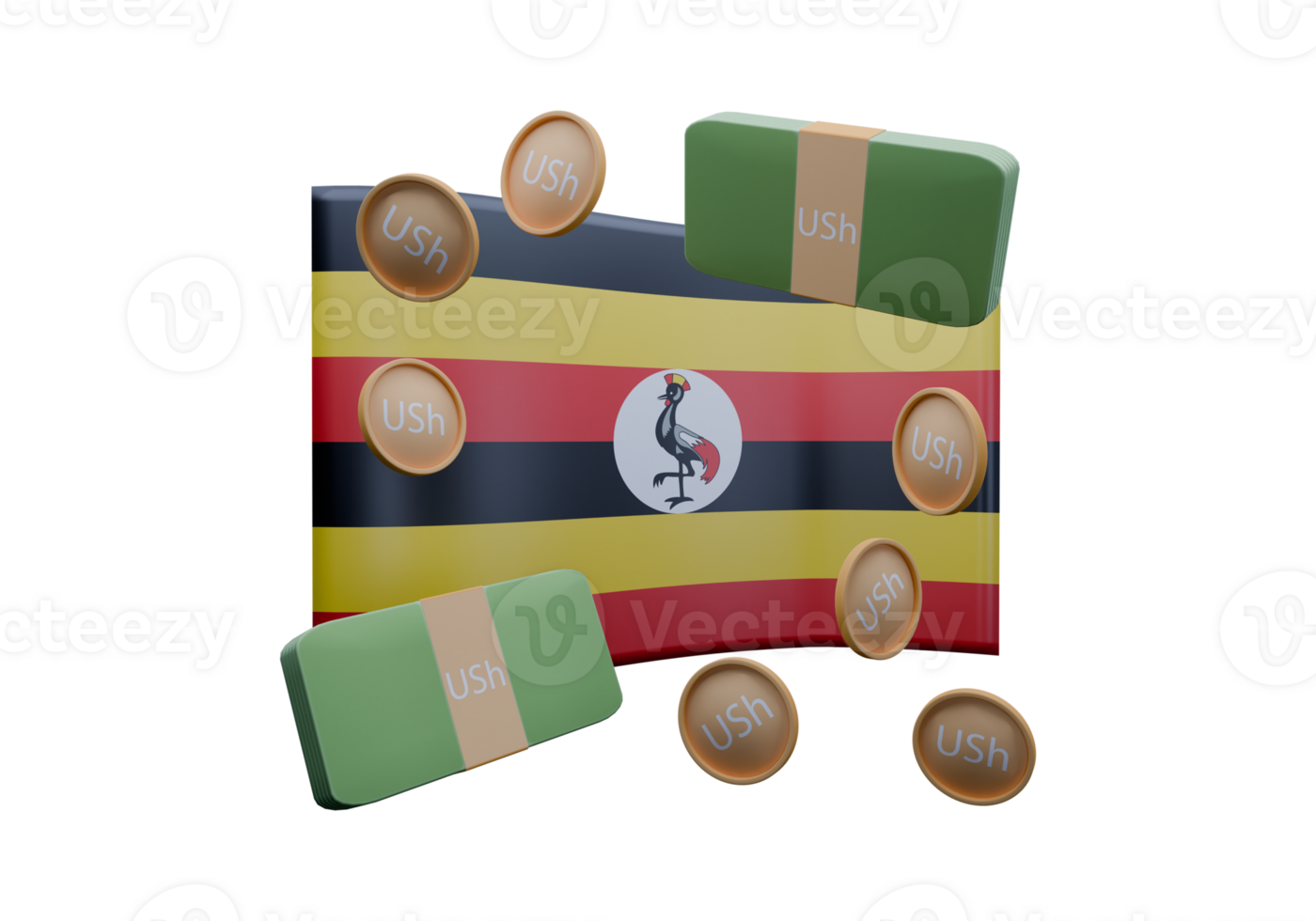 Exclusive 3D render illustration of Uganda flag and currency called Shilling png