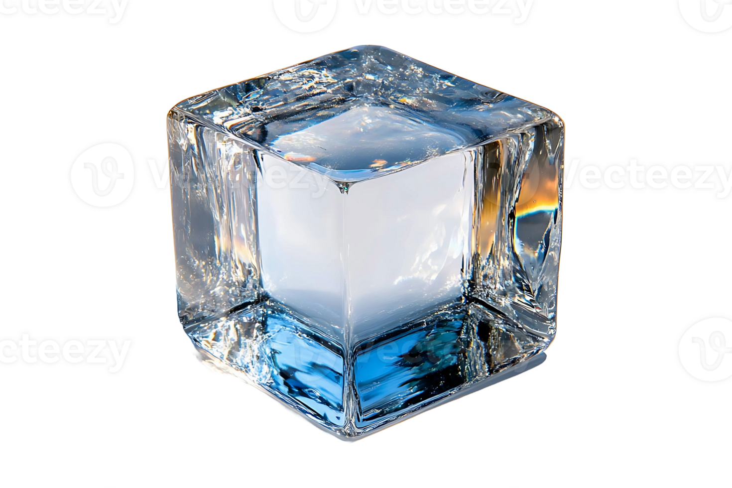Crystal glass cube with refraction effects isolated on transparent background. png