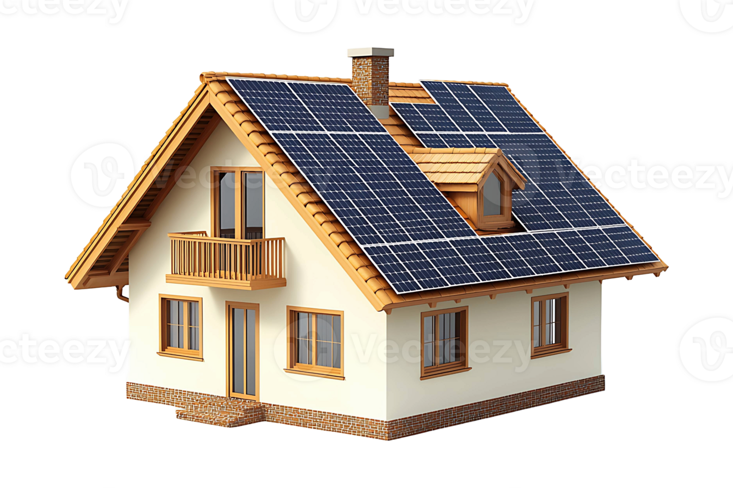Family house model with solar panels on the roof isolated on transparent background. png