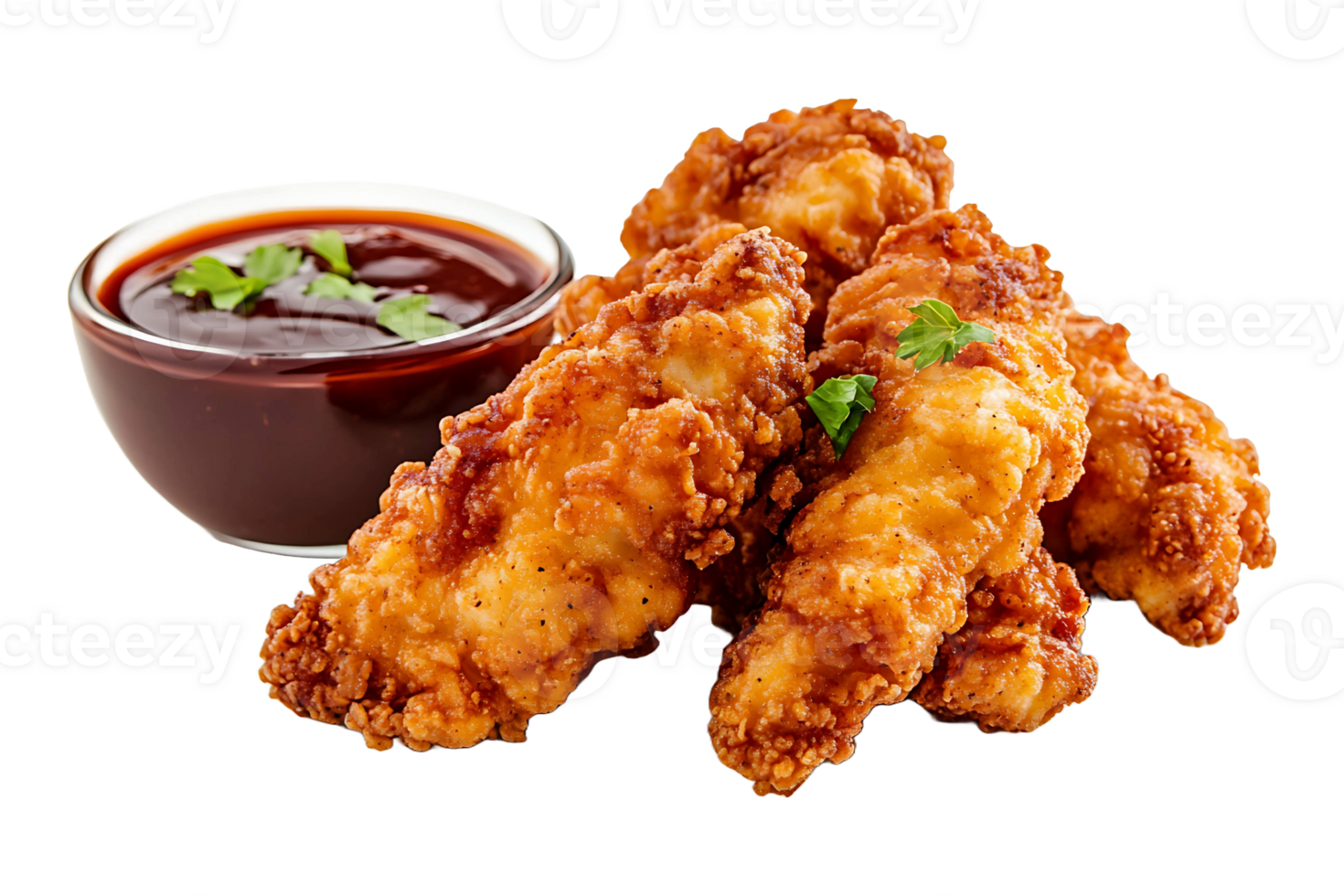 Fried chicken tenders with dipping sauce isolated on transparent background. png
