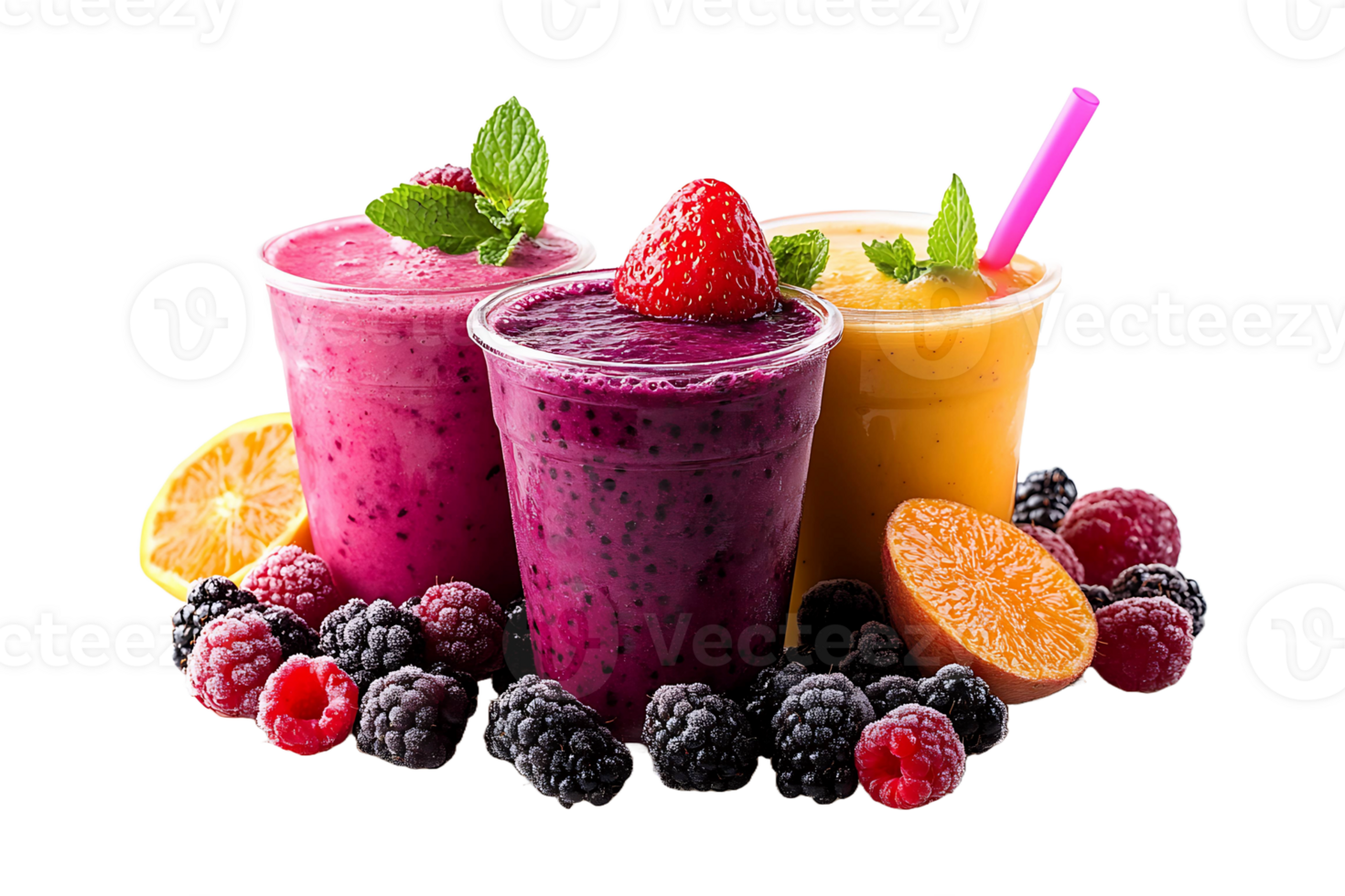 Fresh and delicious smoothies decorated with fruits isolated on transparent background. png
