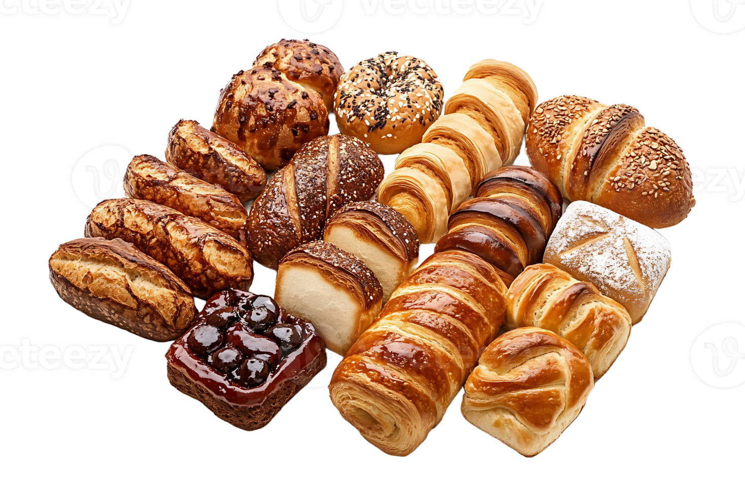 Homemade pastries and breads arranged isolated on transparent background. png