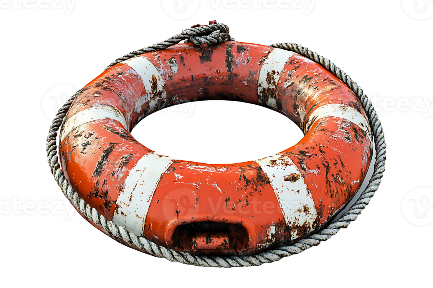 grungy lifebuoy with rope isolated on transparent background. png