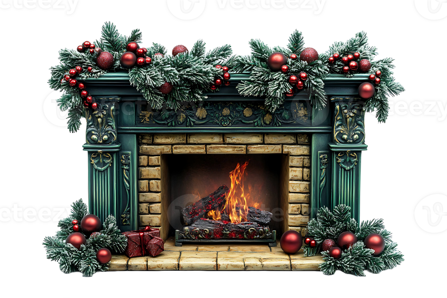 Green Christmas fireplace isolated on transparent background. png