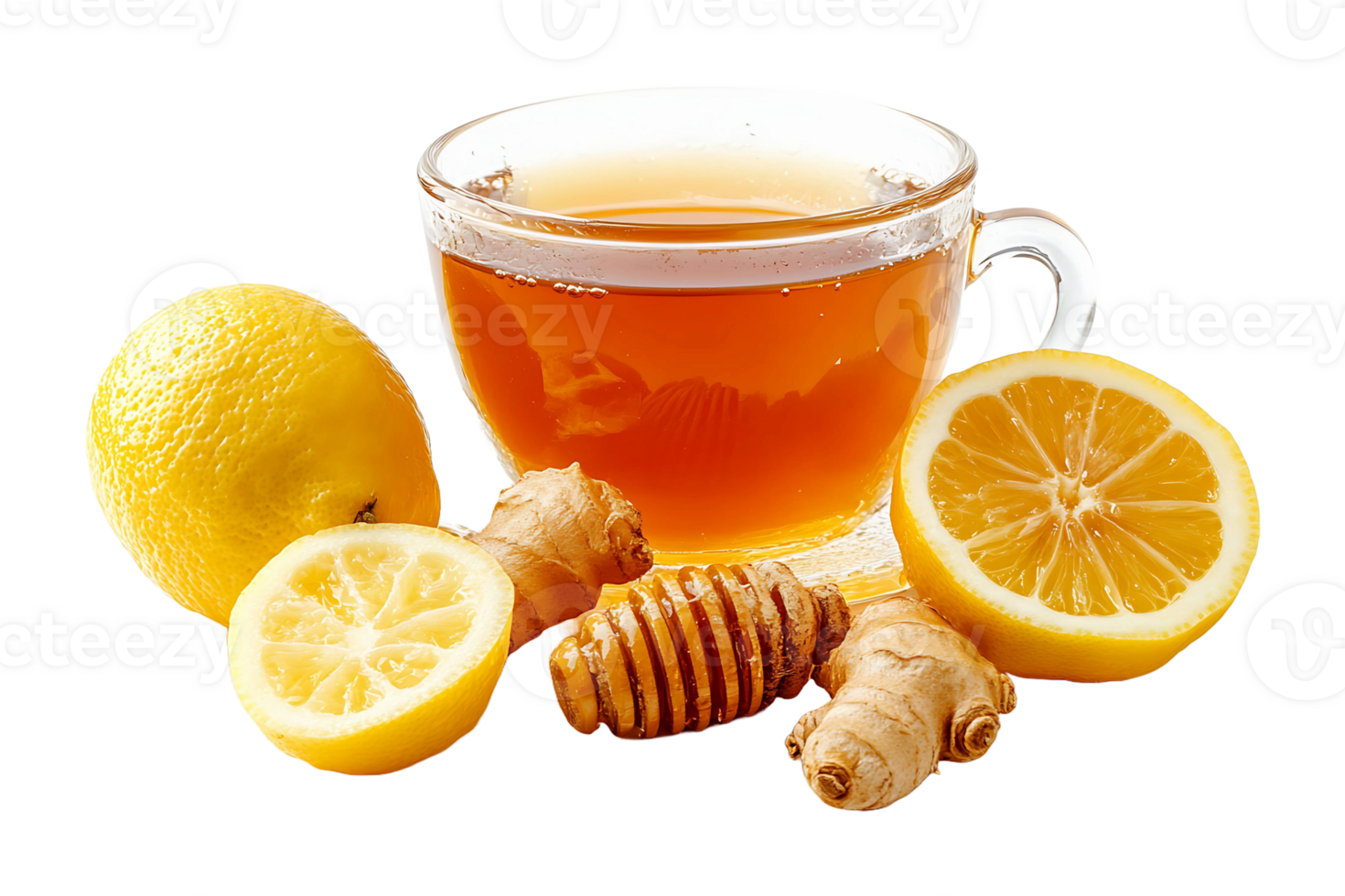 Ginger tea with honey and lemon isolated on transparent background. png