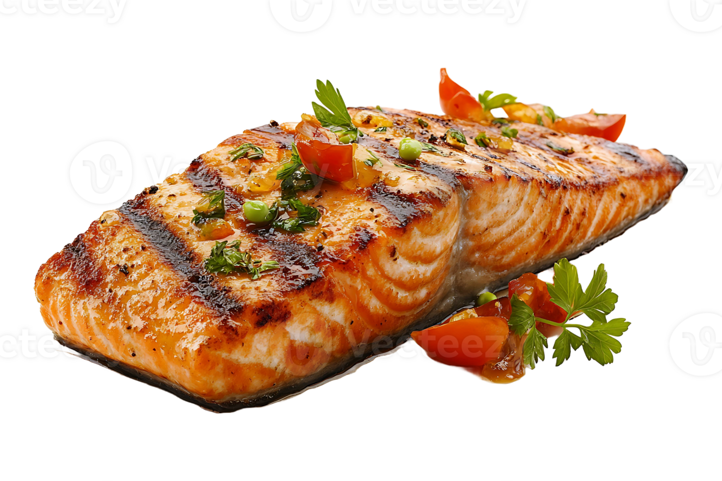 Grilled salmon steak isolated on transparent background. png