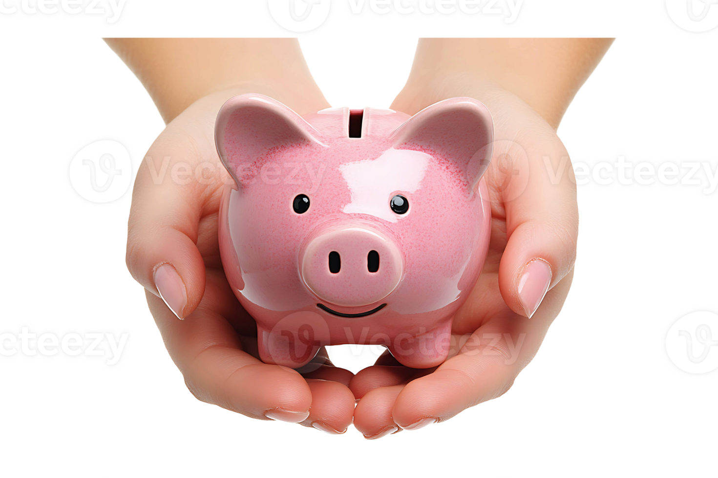 Hand holding a pink piggy bank isolated on transparent background. png