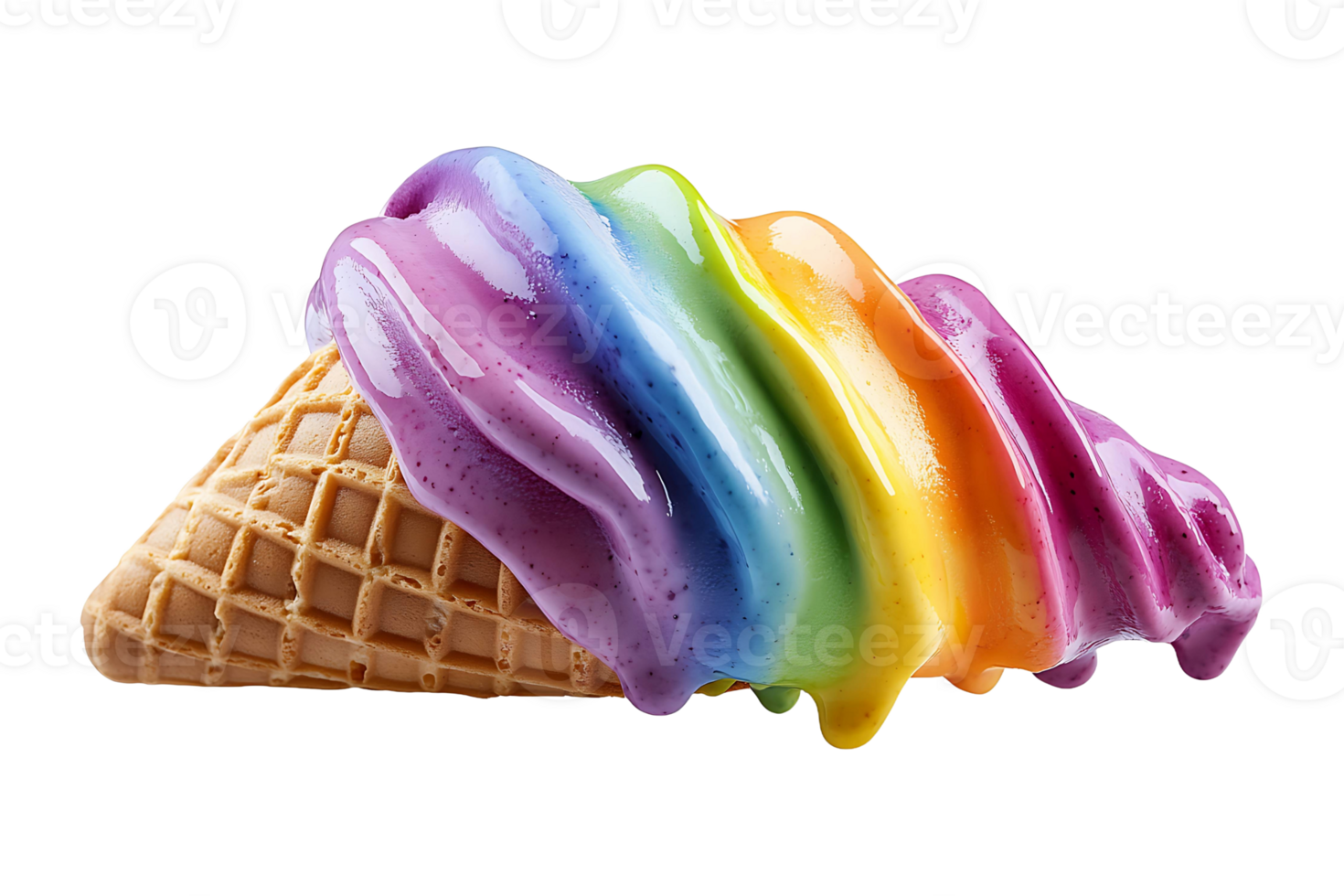 Melting summer ice cream cone with rainbow pride isolated on transparent background. png