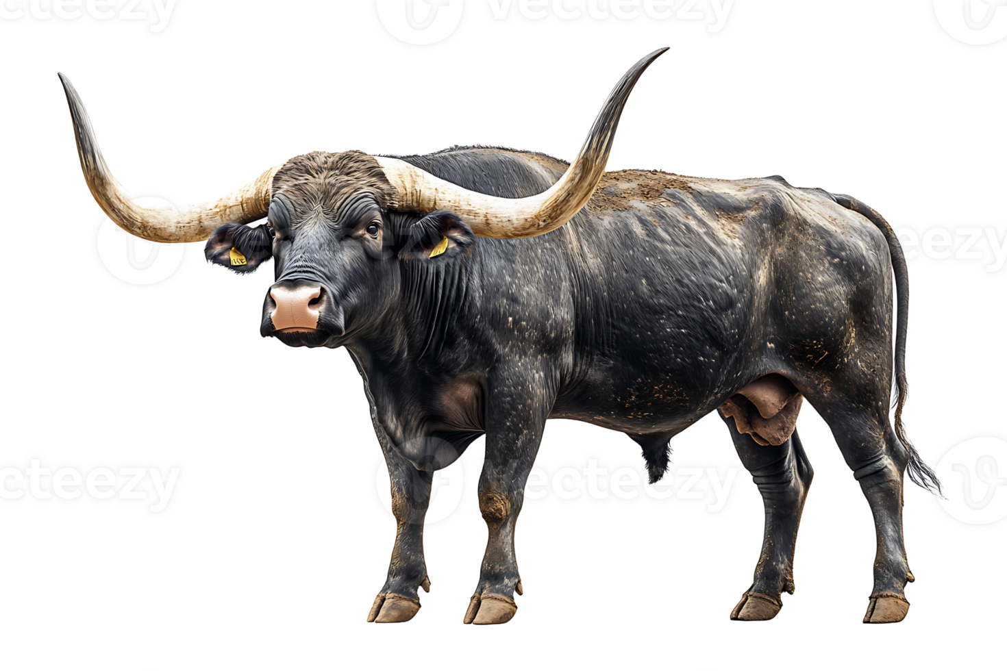 Strong bull with long horns isolated on transparent background. png