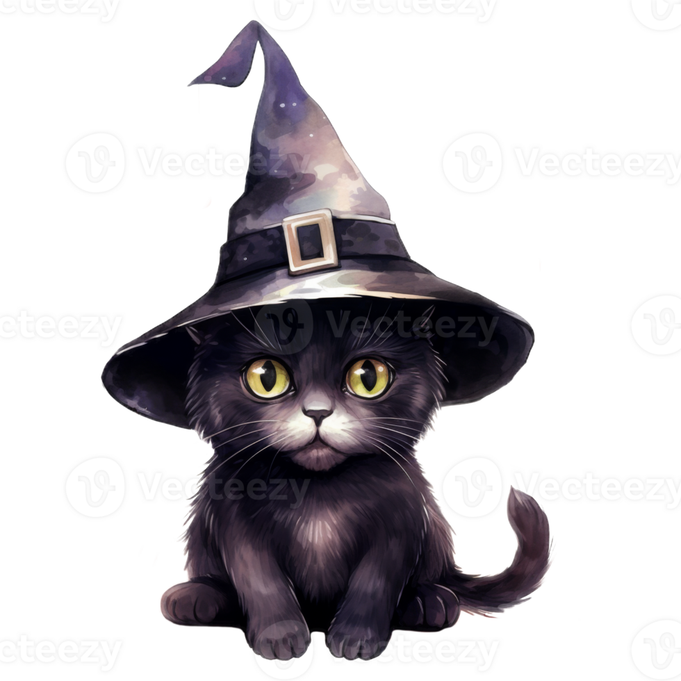 A Black Cat Wearing a Witch's Hat with Red Ornaments png