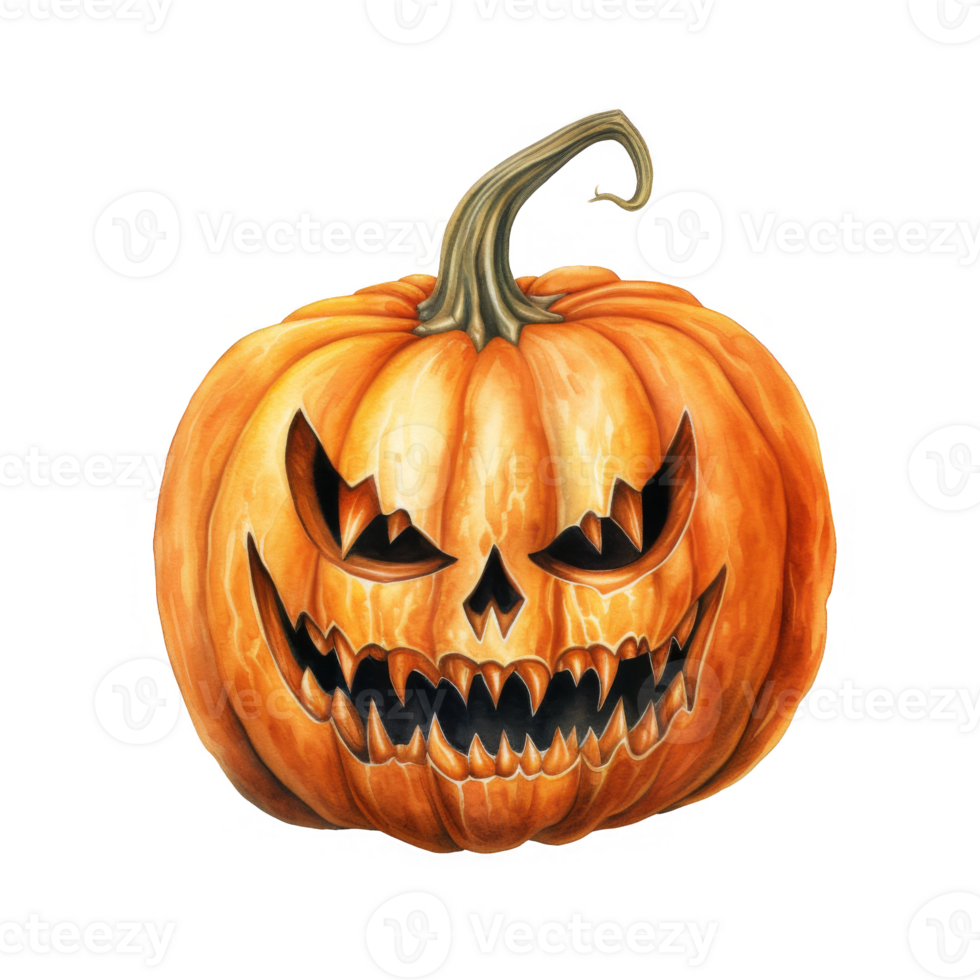 A Watercolor Illustration of a Carved Jack-o'-Lantern with a Ferocious Expression png