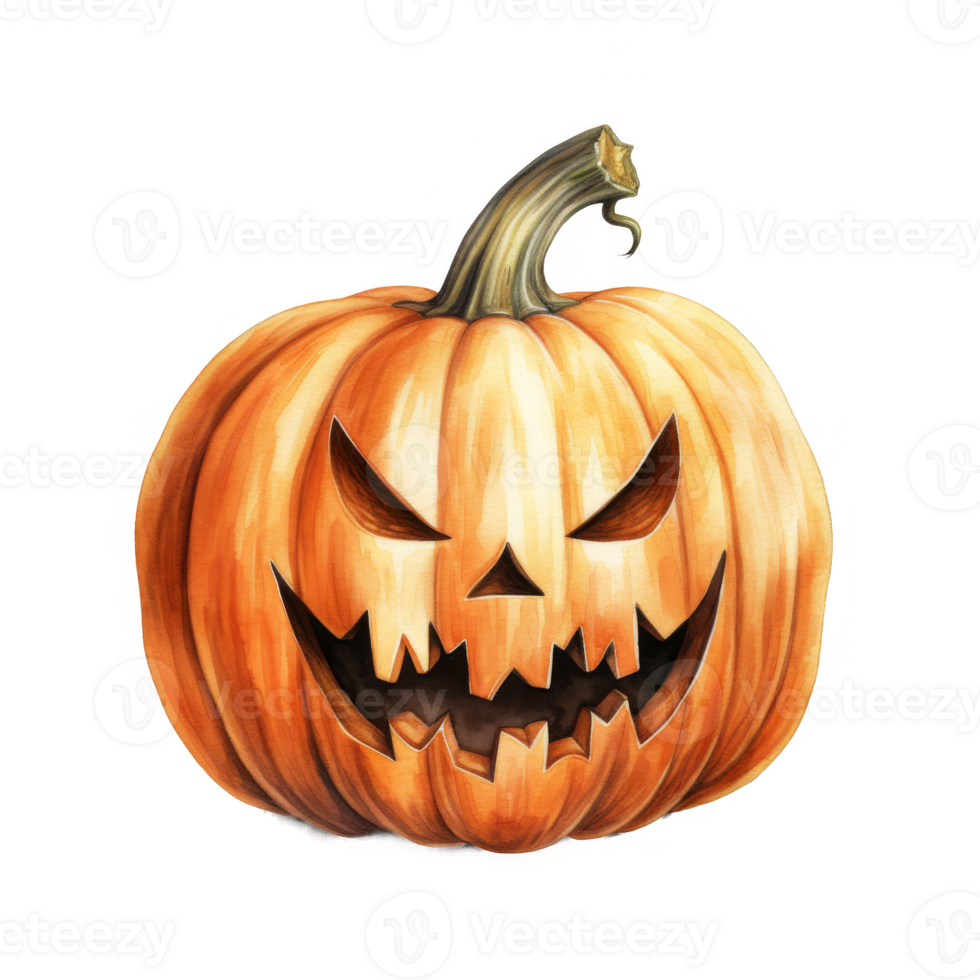 Watercolor Illustration of a Carved Pumpkin with a Glowing Face png
