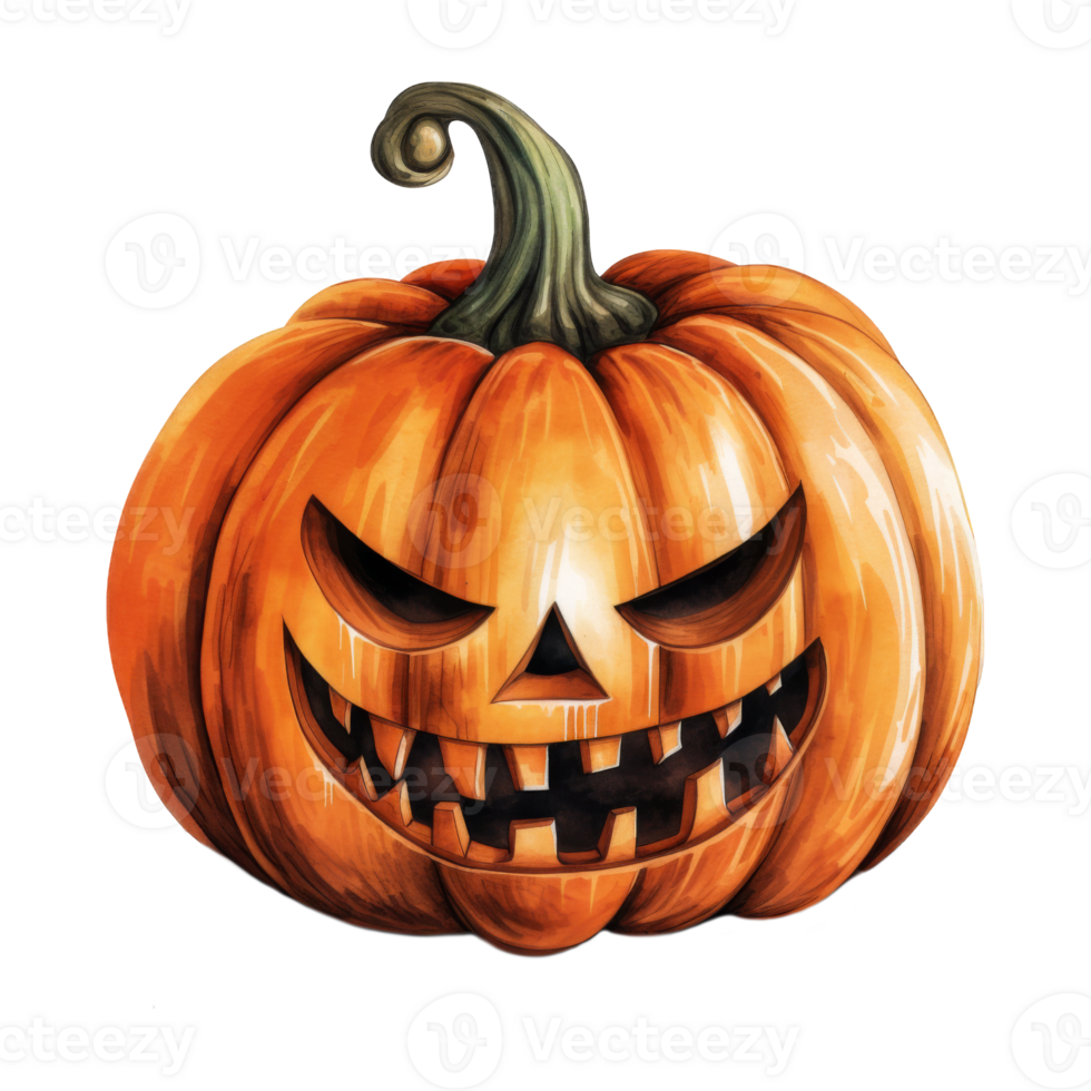 Watercolor Illustration of a Carved Pumpkin with a Glowing Evil Grin png