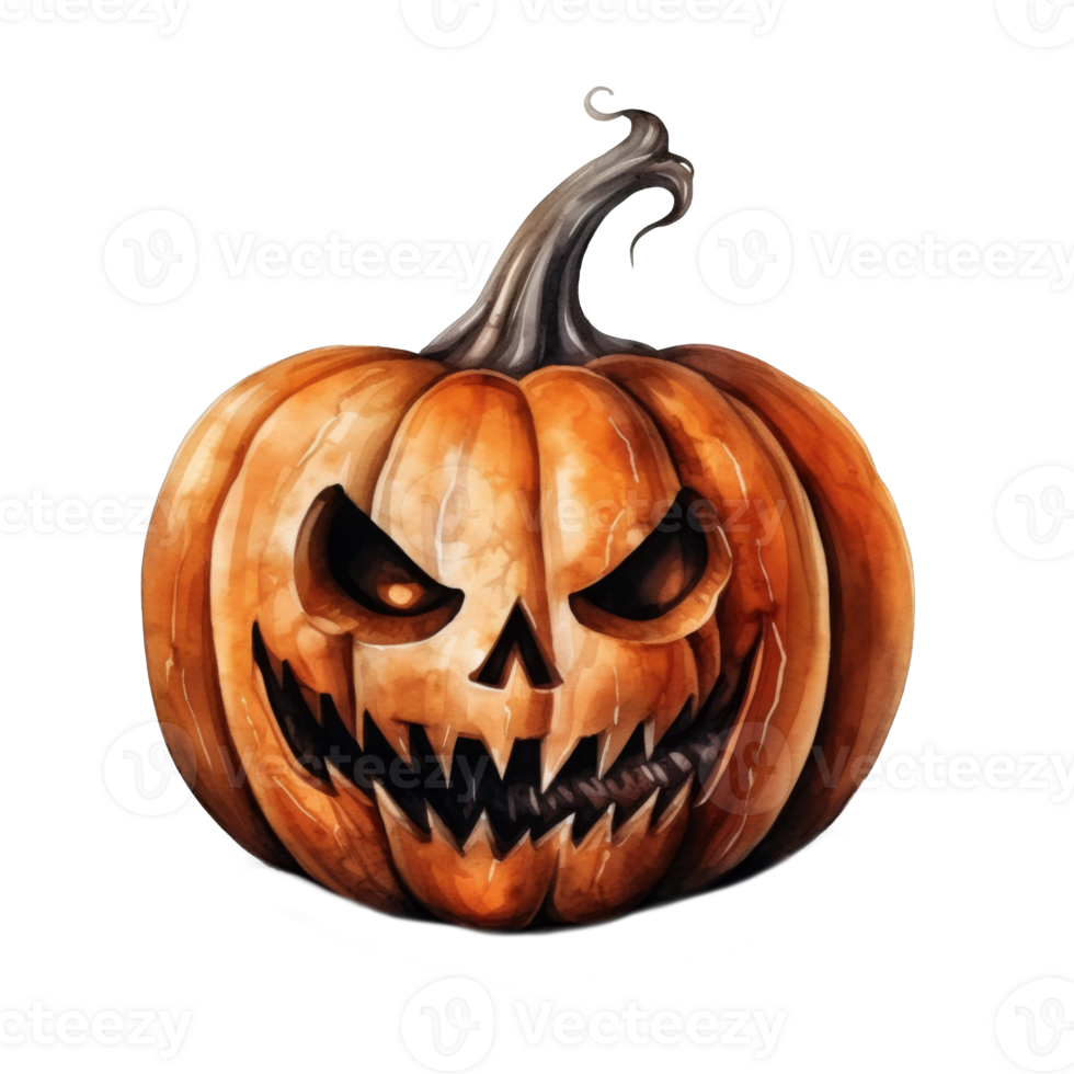 Watercolor Illustration of a Carved Pumpkin with a Scary Face png