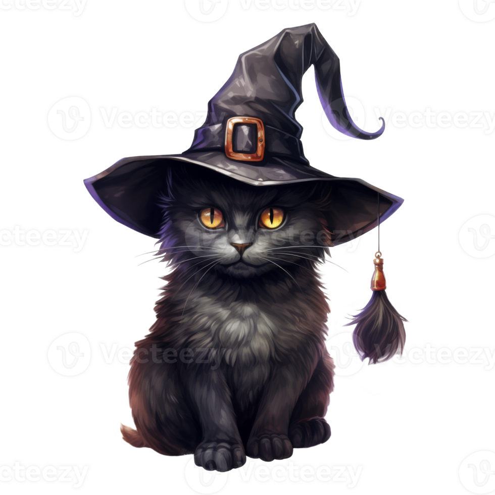 Black Cat Wearing a Witch's Hat with a Feather Dangle png