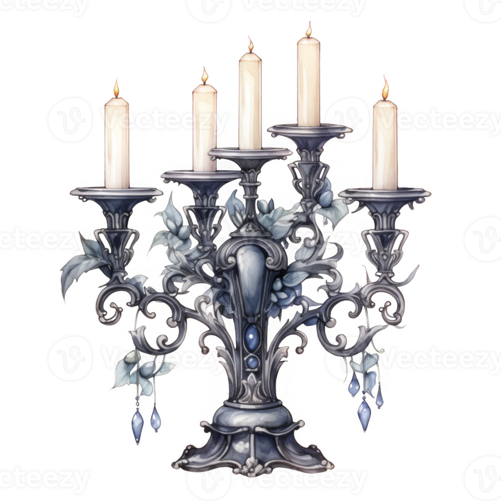 Ornate Silver Candelabra with Five Burning Candles and Blue Accents png