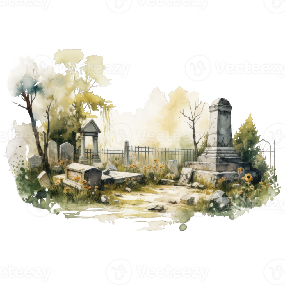 Watercolor Painting of an Abandoned Graveyard with Stone Tombstones and Flowers png