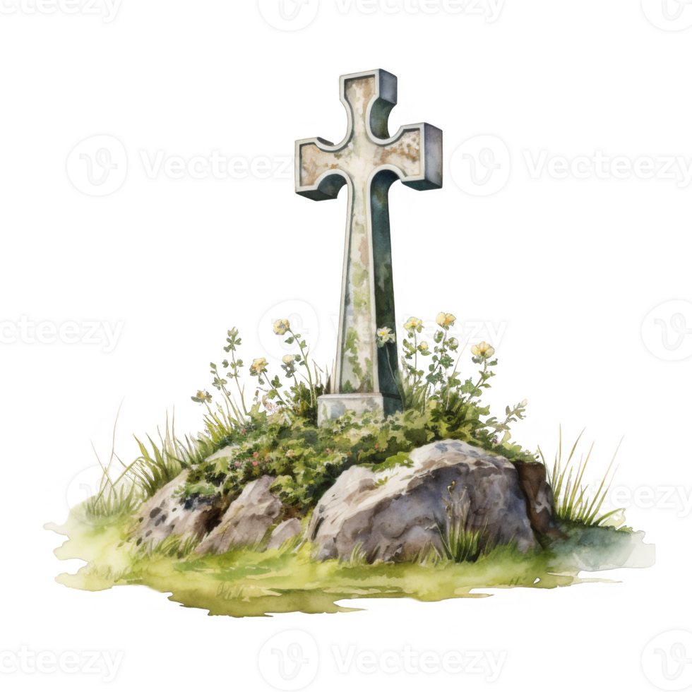 Stone Cross on a Rocky Knoll with Wildflowers png