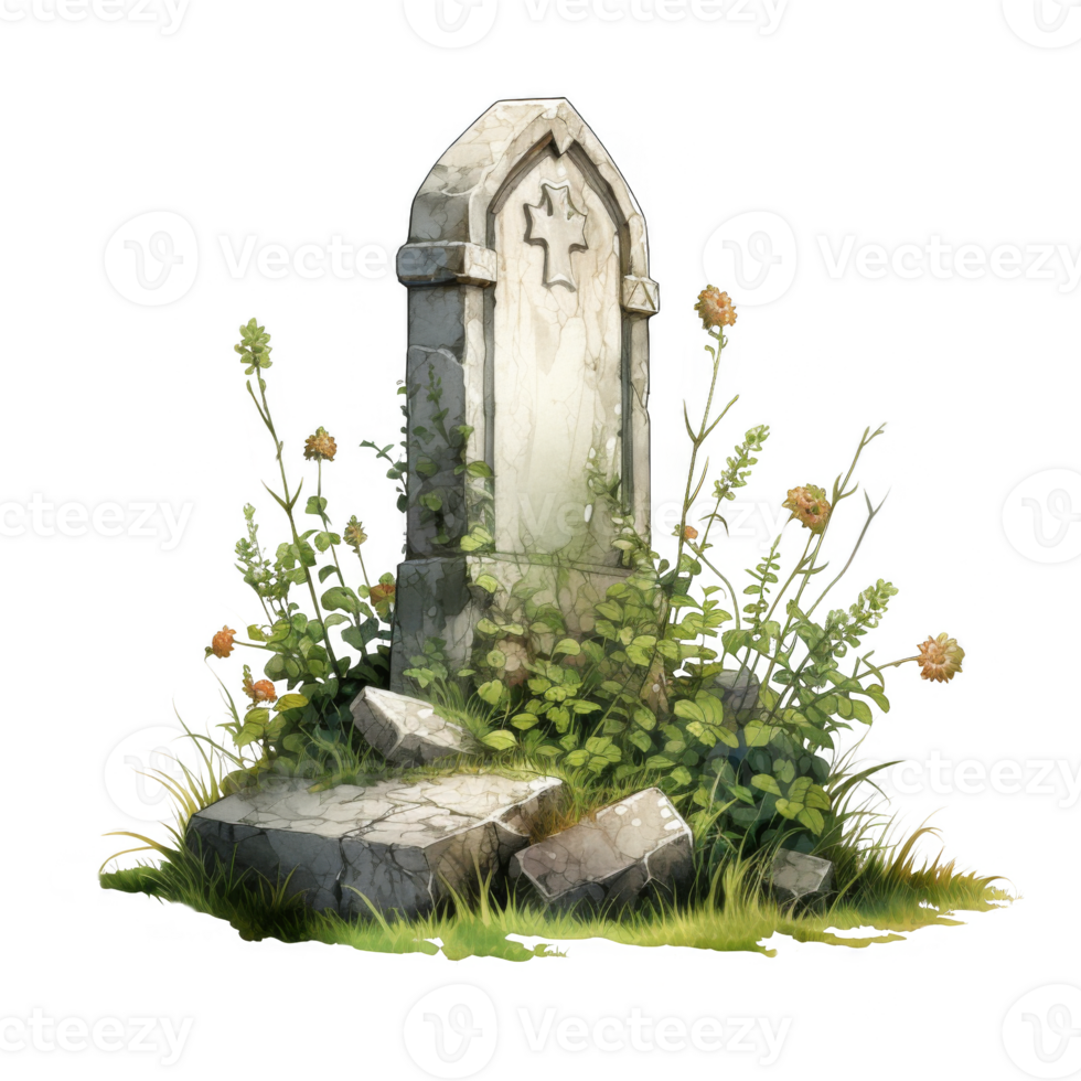 An Old Stone Tombstone with Weathered Cross and Surrounding Foliage png