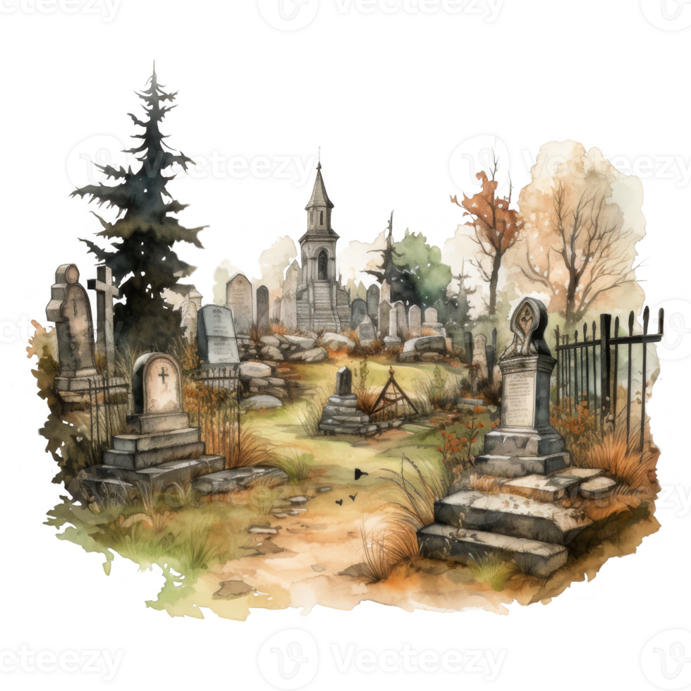 Watercolor illustration of a graveyard with a chapel and stone graves png