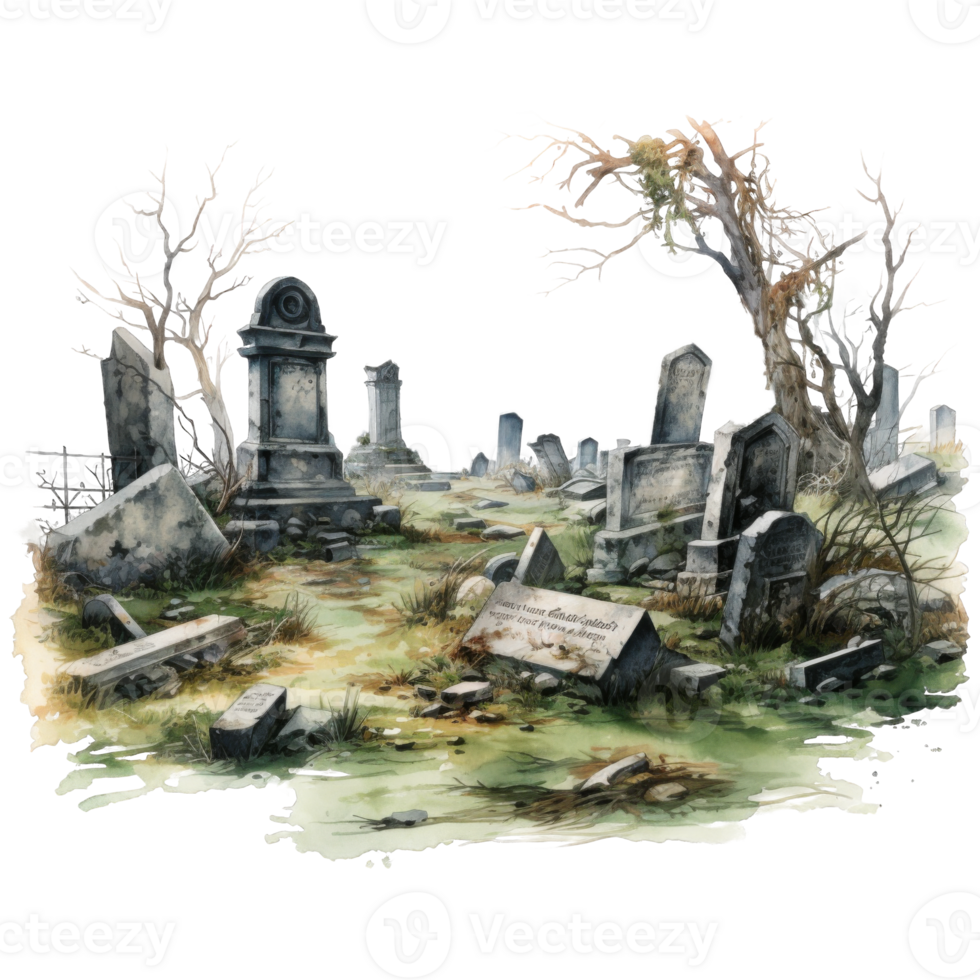 Watercolor Painting of an Overgrown Graveyard with Tombstones and Trees png