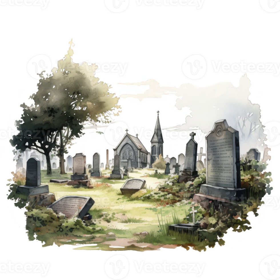 A Watercolor Depiction of a Graveyard with a Church and Numerous Tombstones png
