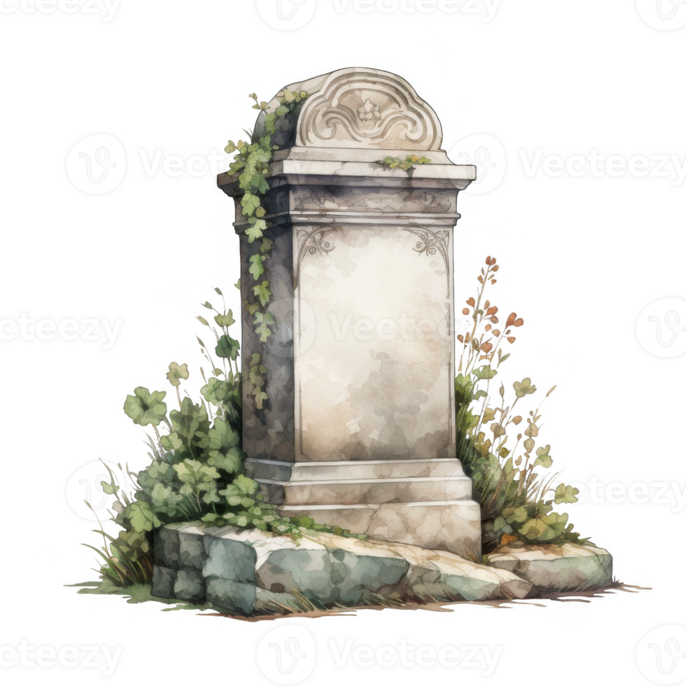Ornate Stone Tombstone with Foliage and Blank Plaque png