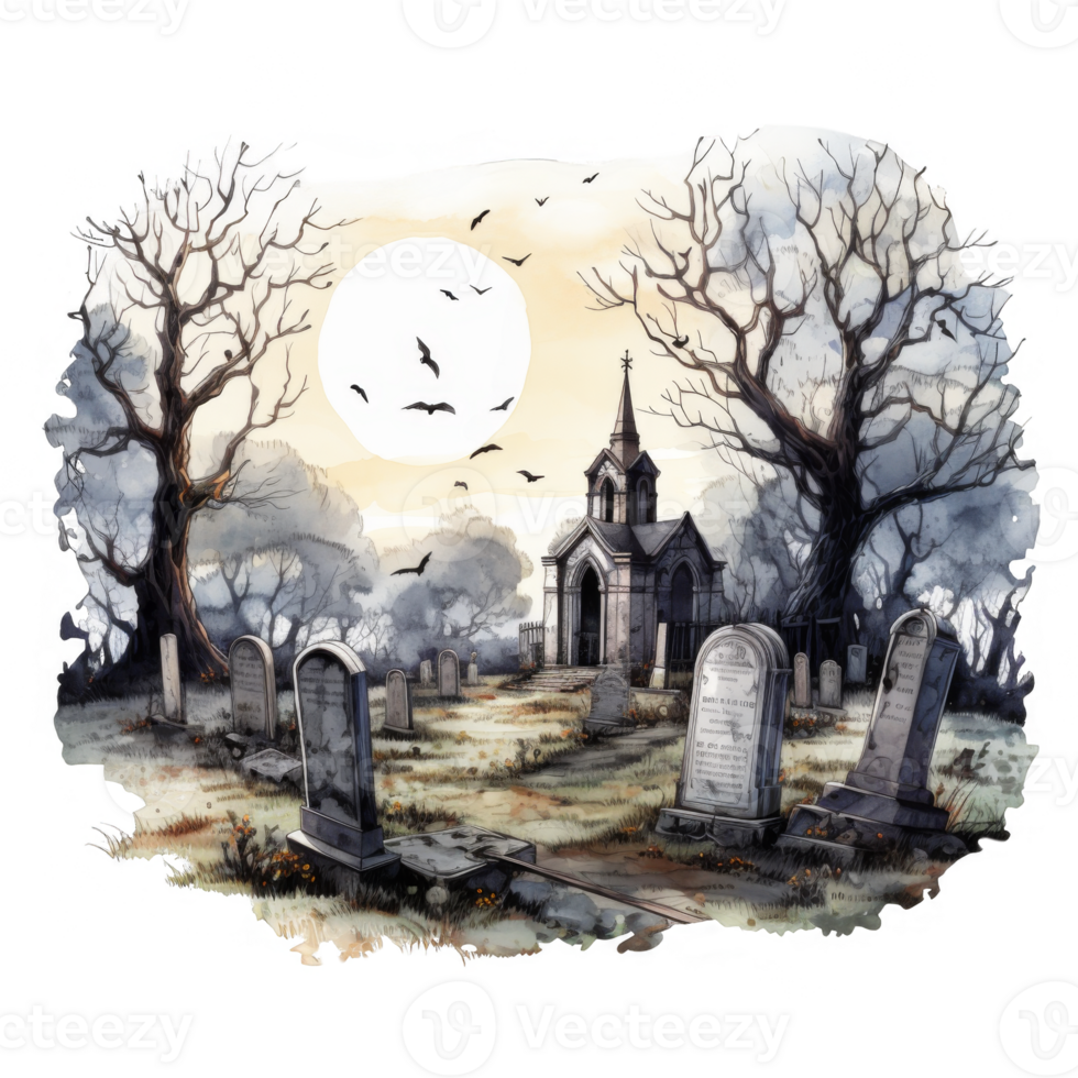 A Watercolor Painting of a Graveyard with a Chapel Under a Full Moon png