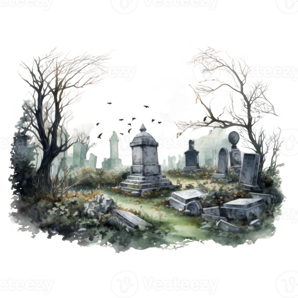 An Overgrown Graveyard with Tombstones and Bare Trees png