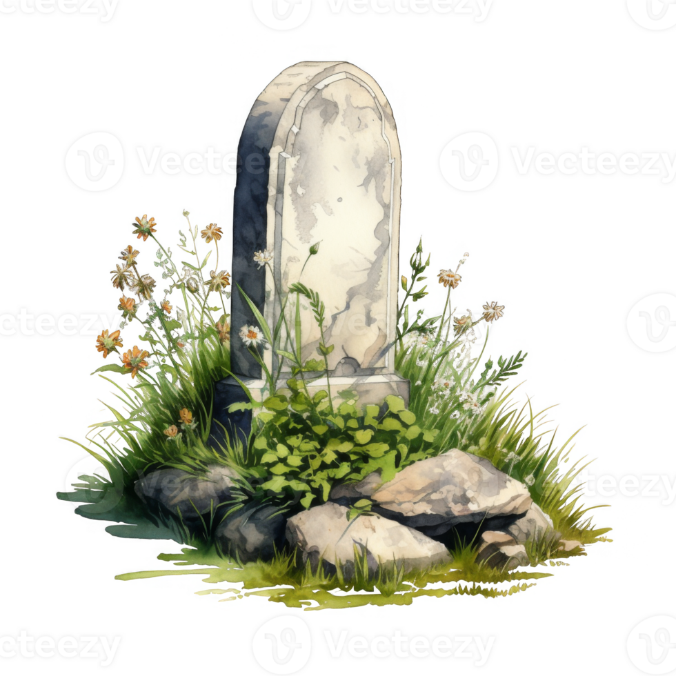 Watercolor Painting of a Gravestone Surrounded by Grass and Flowers png