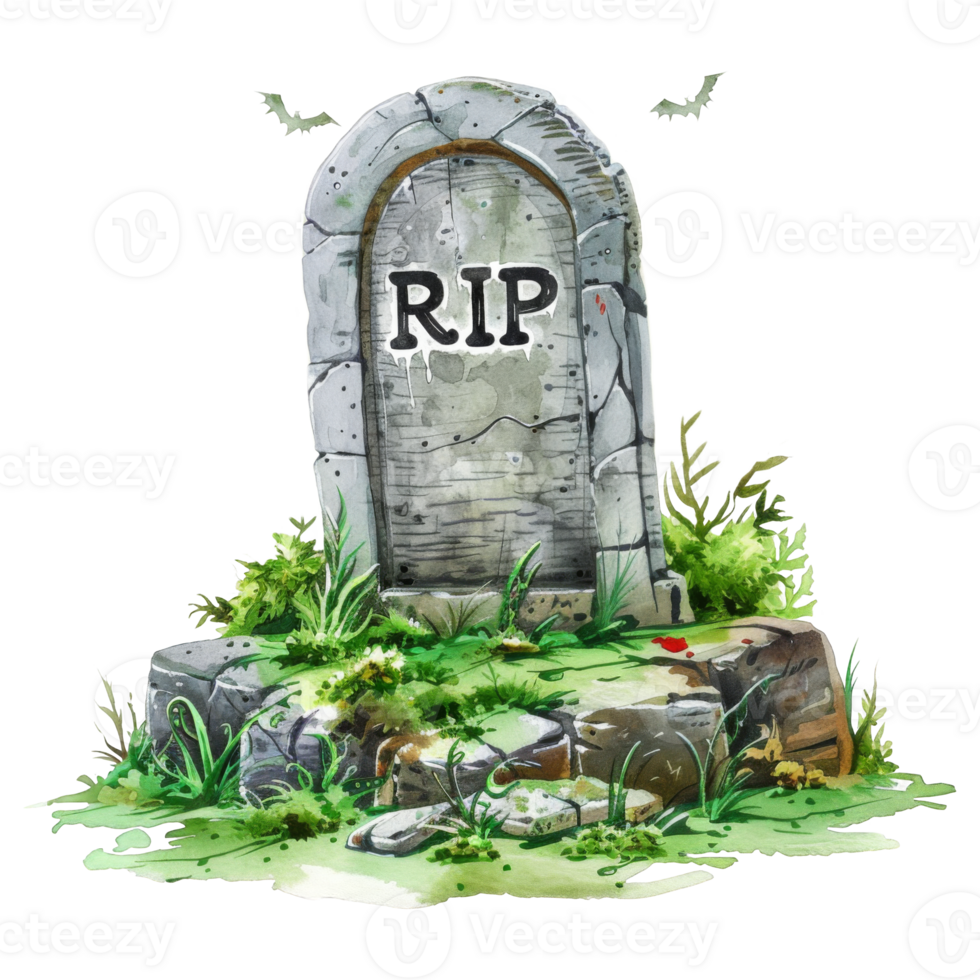 Stone Tombstone with RIP Inscription in a Grassy Setting png
