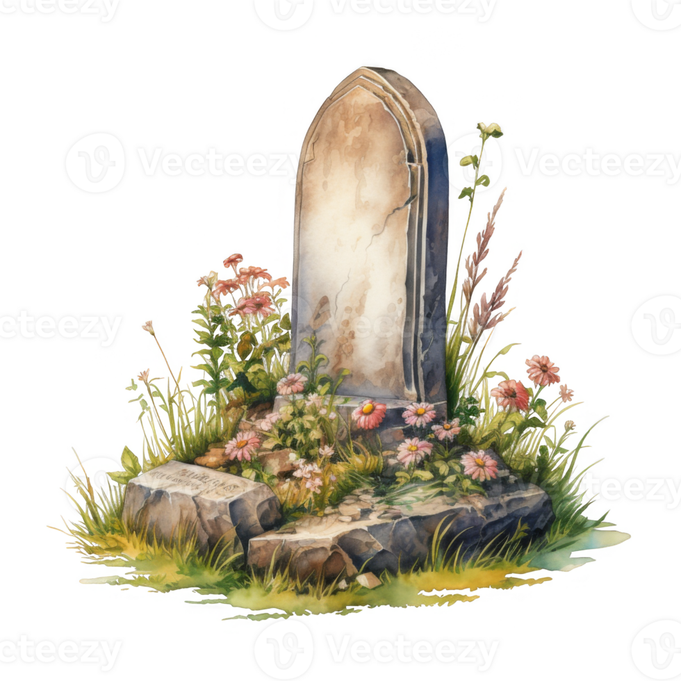 Watercolor Illustration of a Graveyard Headstone with Pink Flowers png