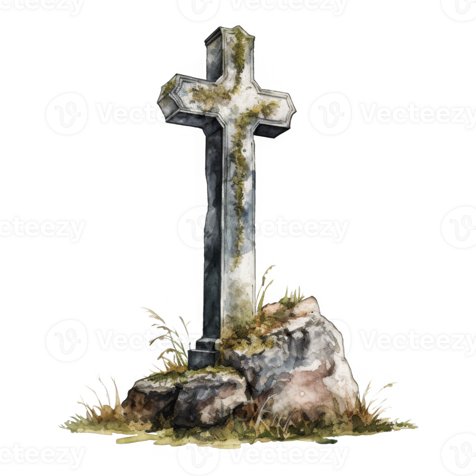 A Stone Cross on a Rock with Overgrown Moss and Grass png