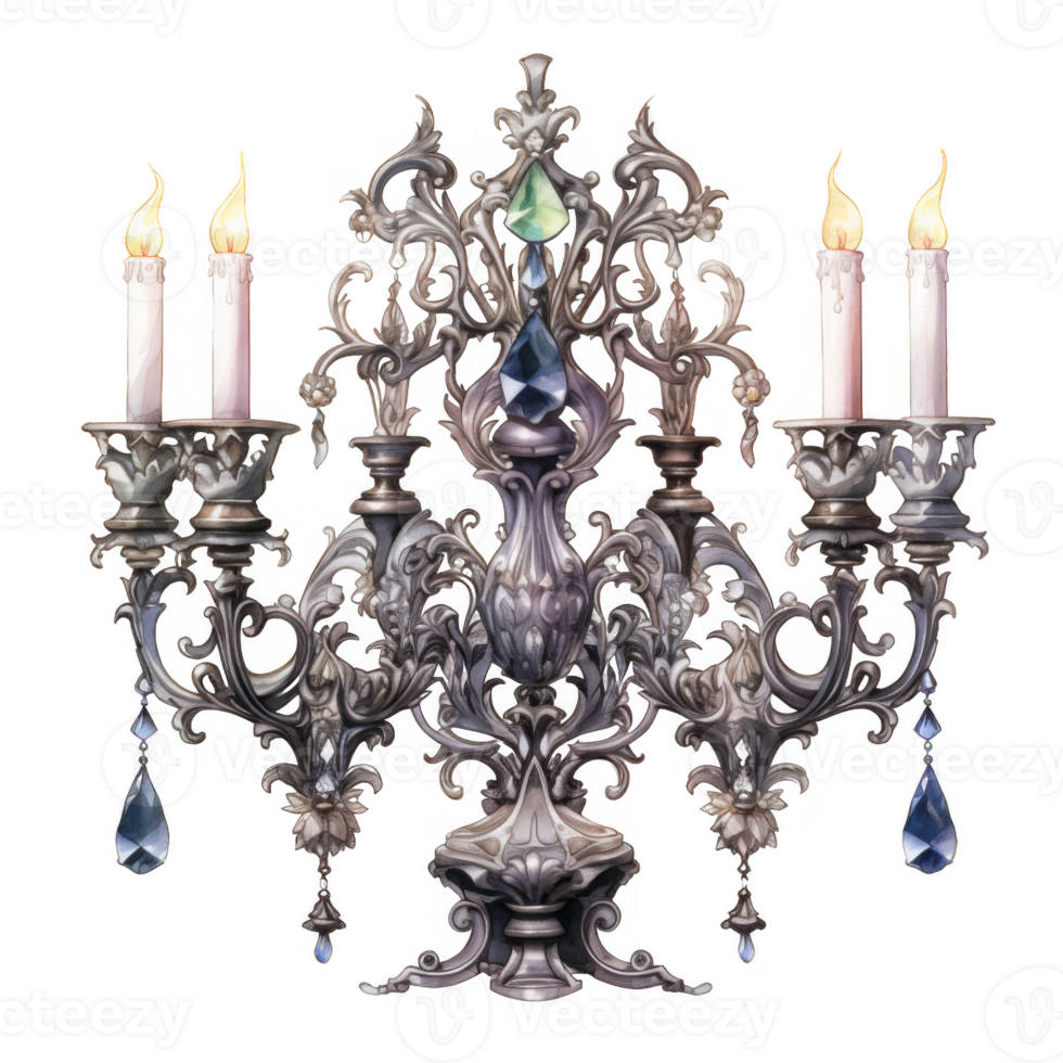 Ornate Silver Candelabra with Four Lit Candles and Crystal Accents png