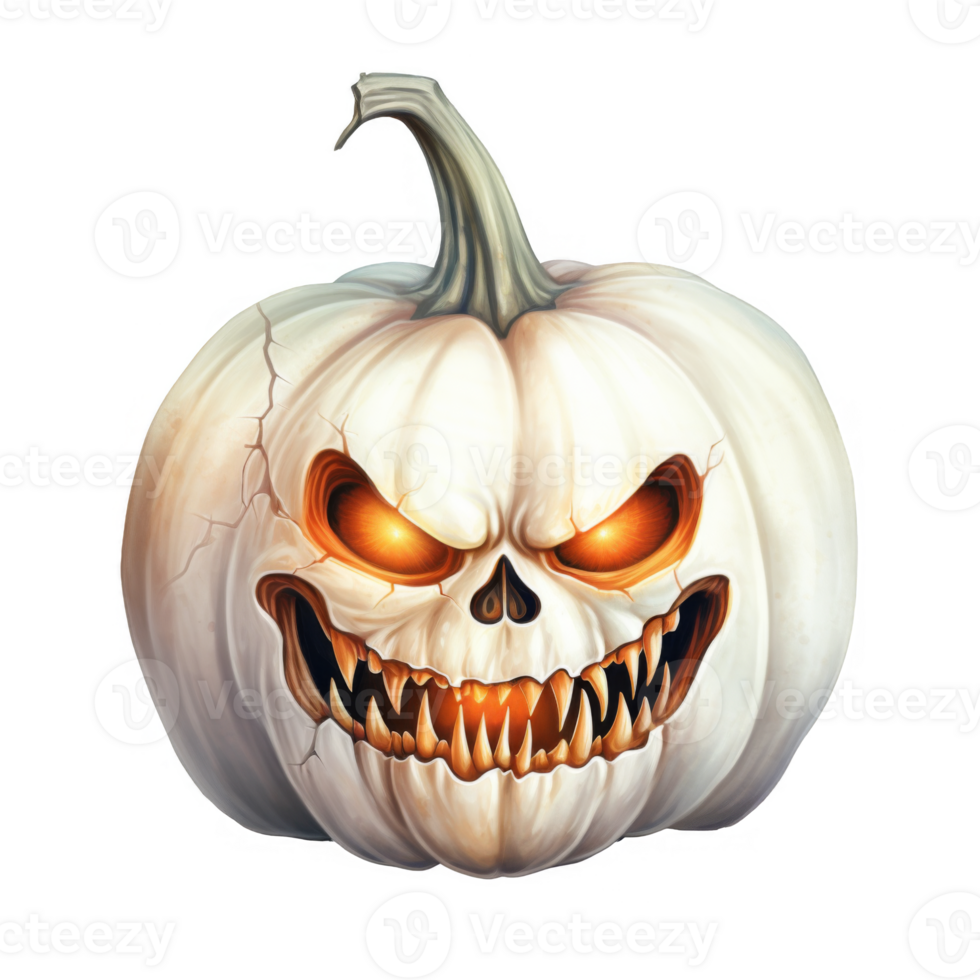 A menacing white pumpkin with glowing eyes and sharp teeth png
